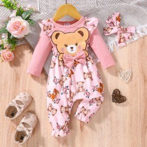 PatPat 2pcs Baby Girl Jumpsuit Long-sleeve Cartoon Bear